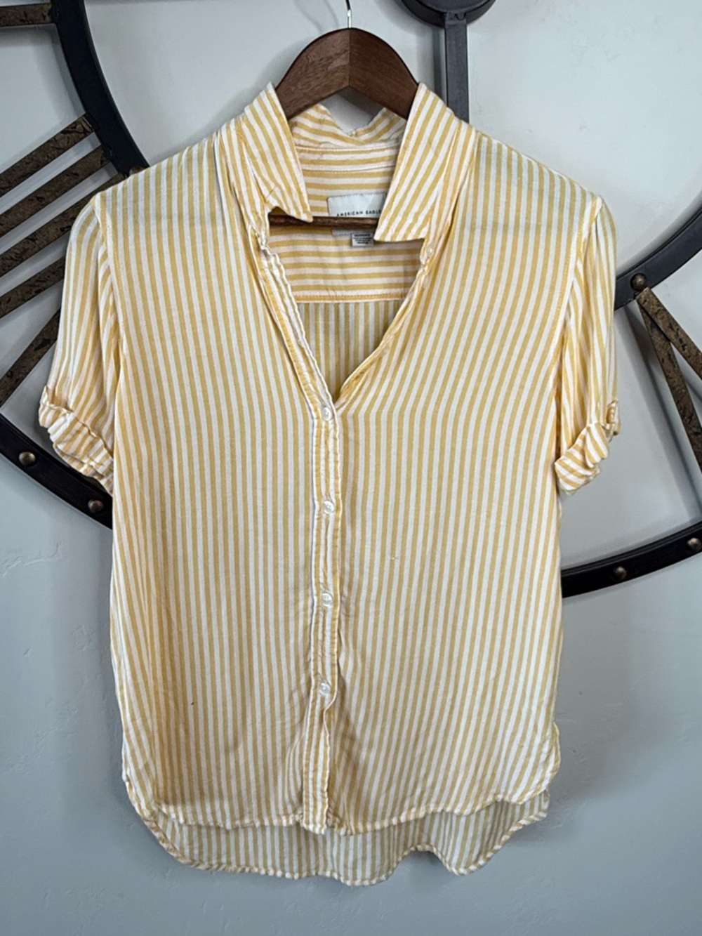 American Eagle Outfitters Yellow & White Striped Button-Up Top